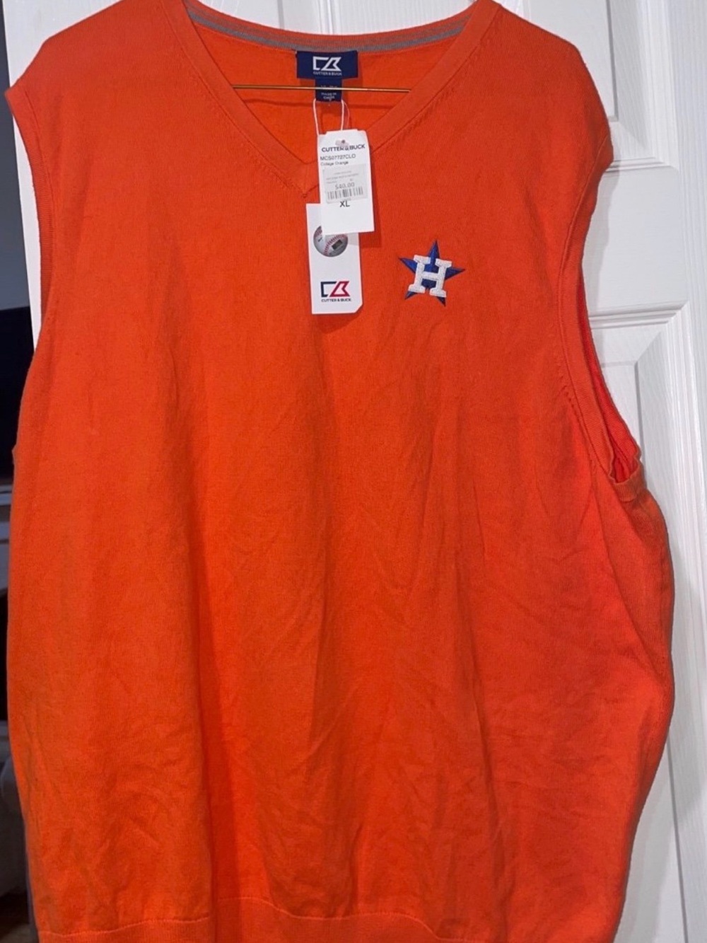 Cutter & Buck Orange V-Neck Sleeveless Sweater Vest with Embroidered H Logo